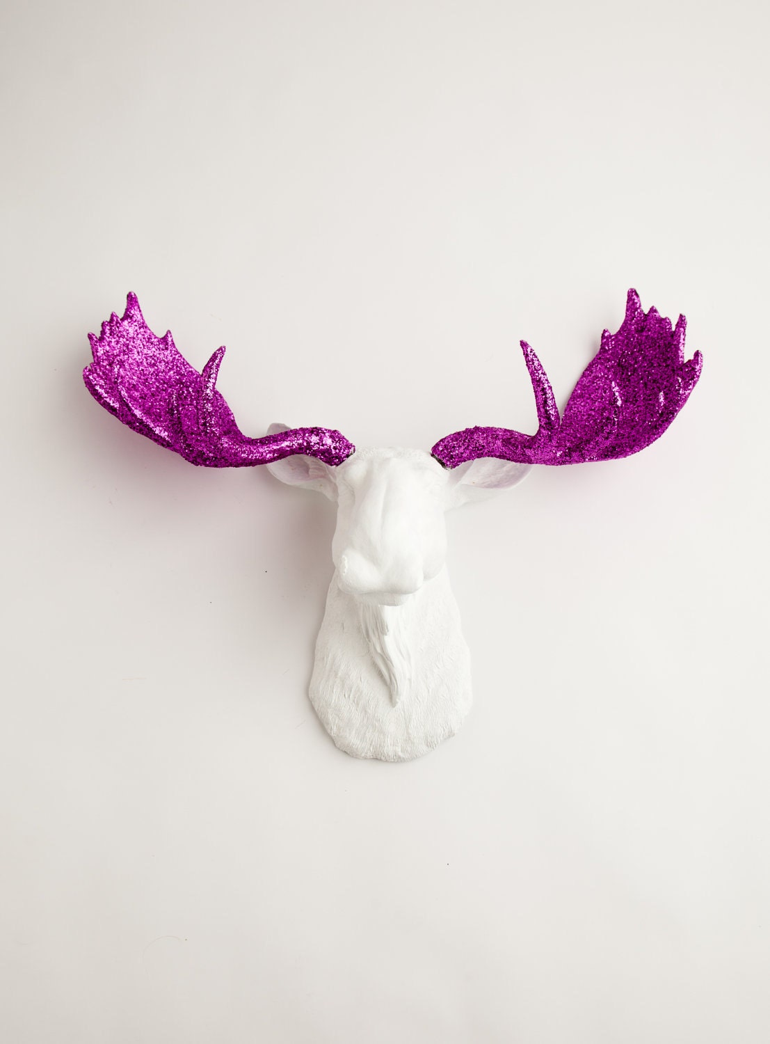 White Moose Head - The Jasper - White w/ Fuchsia Glitter Antlers Resin Moose Head- Moose Resin Tan Faux Taxidermy- Chic & Trendy