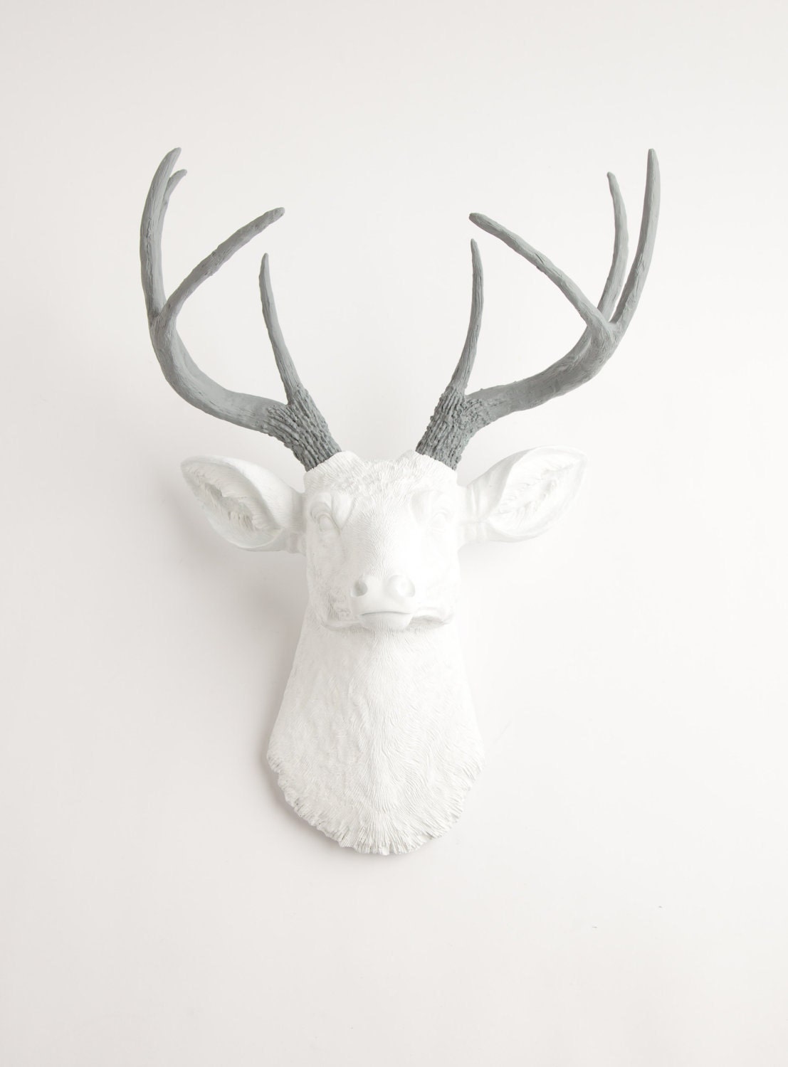 Fake Deer Head - The Helena - White W/ Gray Antlers Resin Deer Head- Stag Resin White Faux Taxidermy