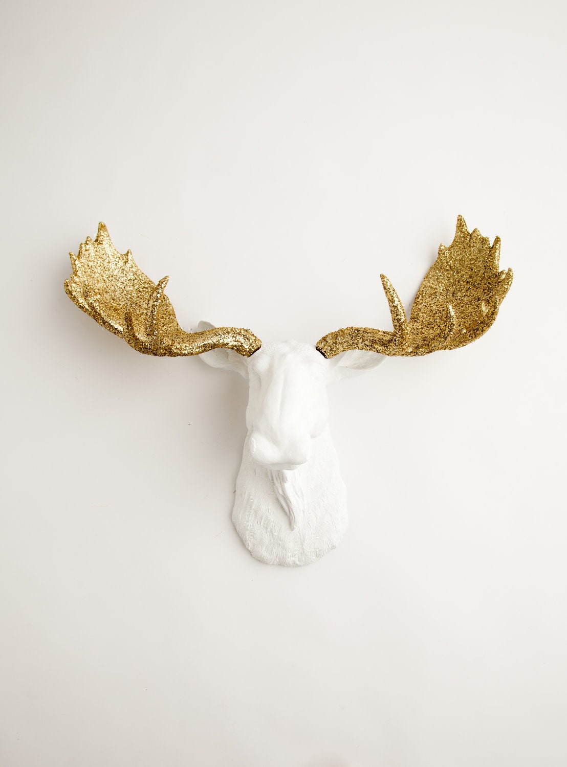 Faux Moose - The Alfredo - White w/ Gold Glitter Antlers Resin Moose Head- Moose Resin Faux Taxidermy- Chic & Trendy