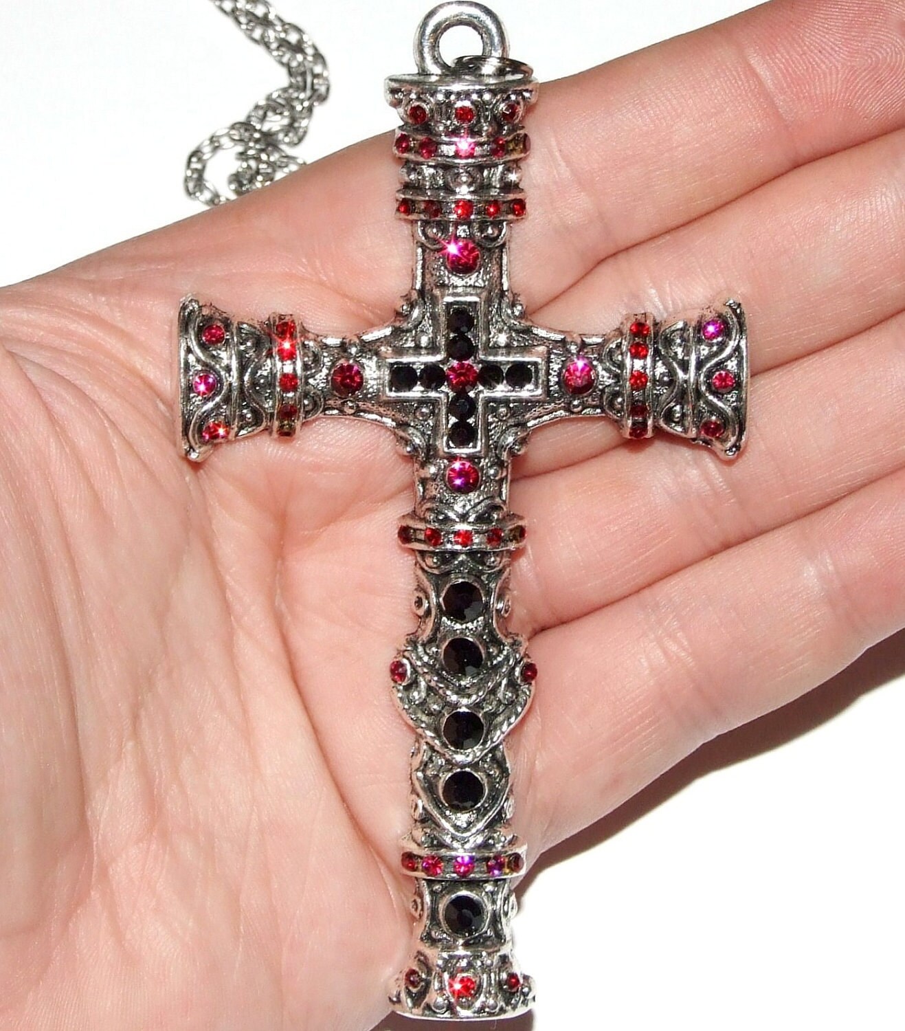 Vintage/Gothic/Victorian Antique Silver/Ruby/Red/Black Genuine Swarovski Crystal Large/Huge/Big Cross Necklace/Pendant