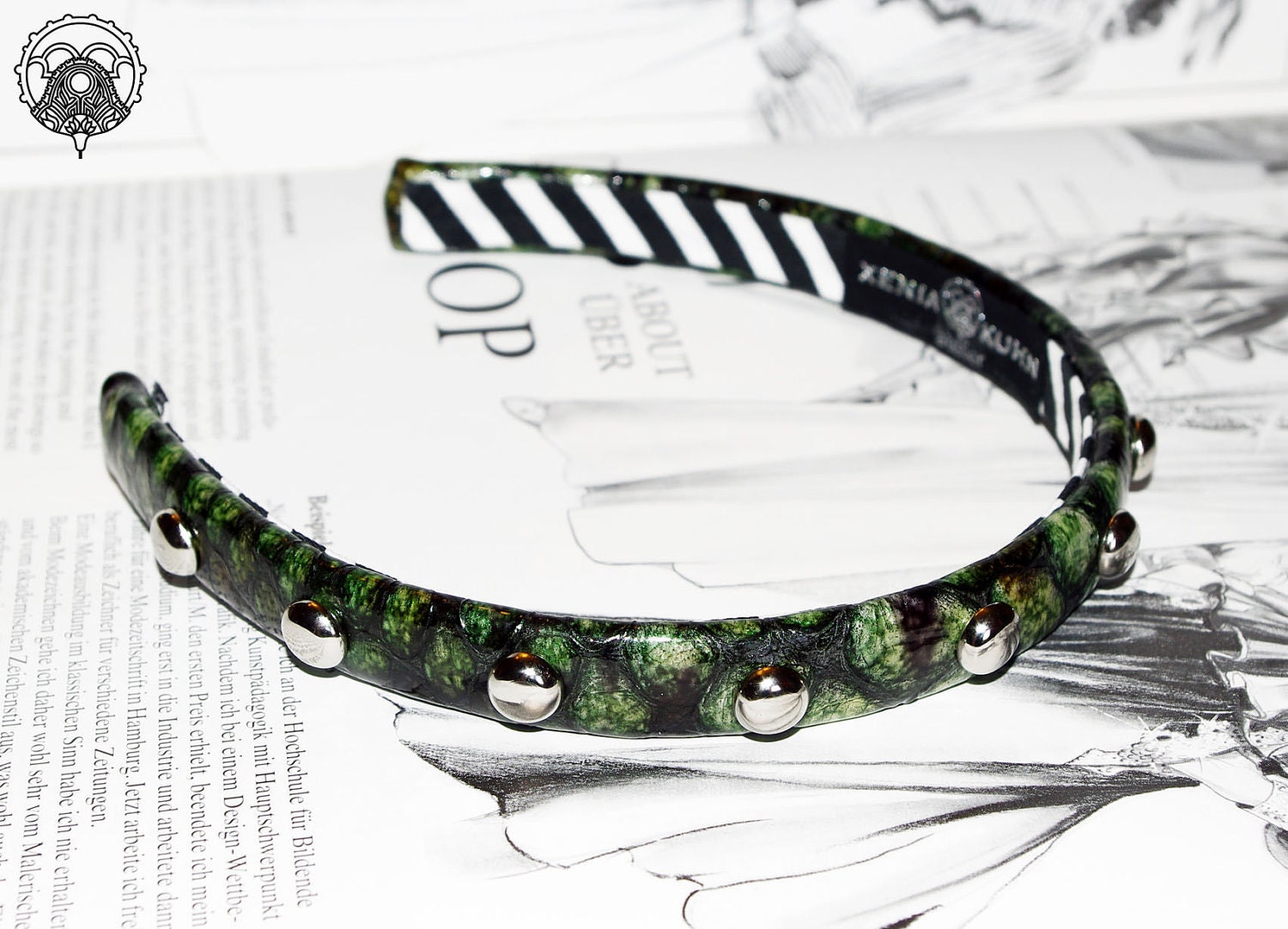 Handcrafted green reptile optic leather studded headband. Only one available. On sale.