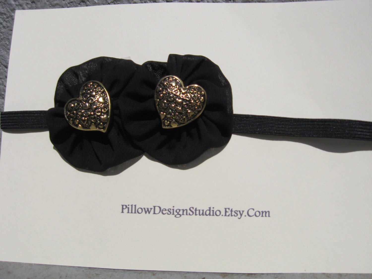 Flower girl headband -- gold and black headband -- gold hearts on black fabric headband