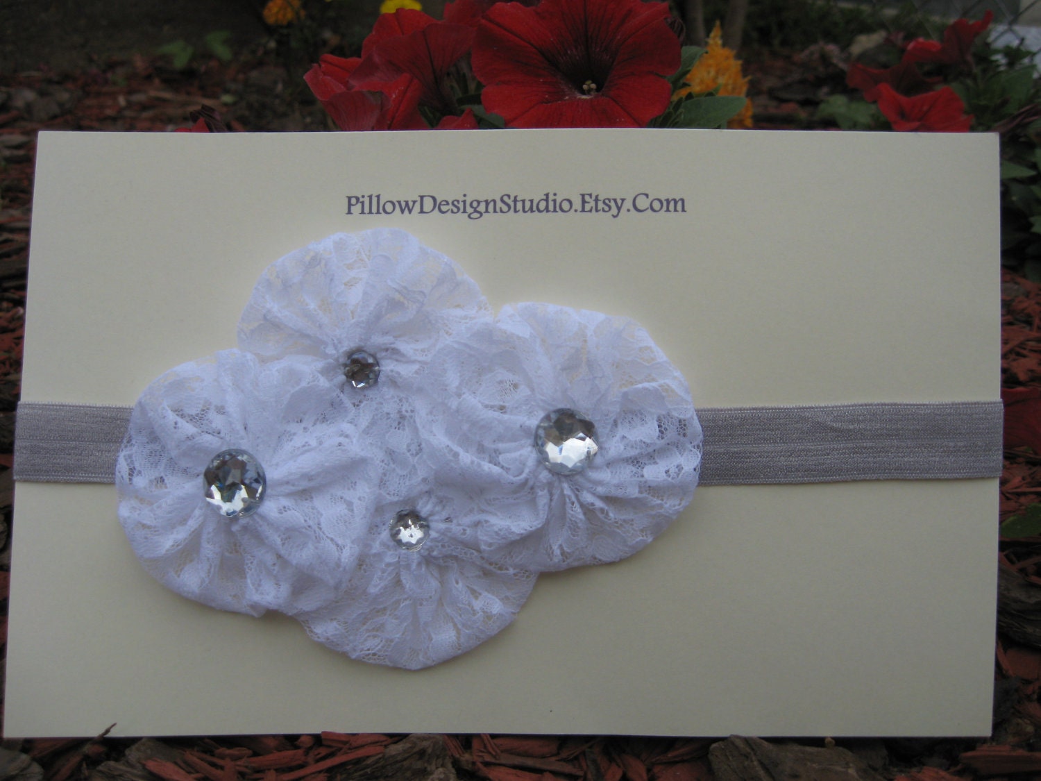 Flower girl headband -- lace statement head band with rhinestones in white lace or ivory lace