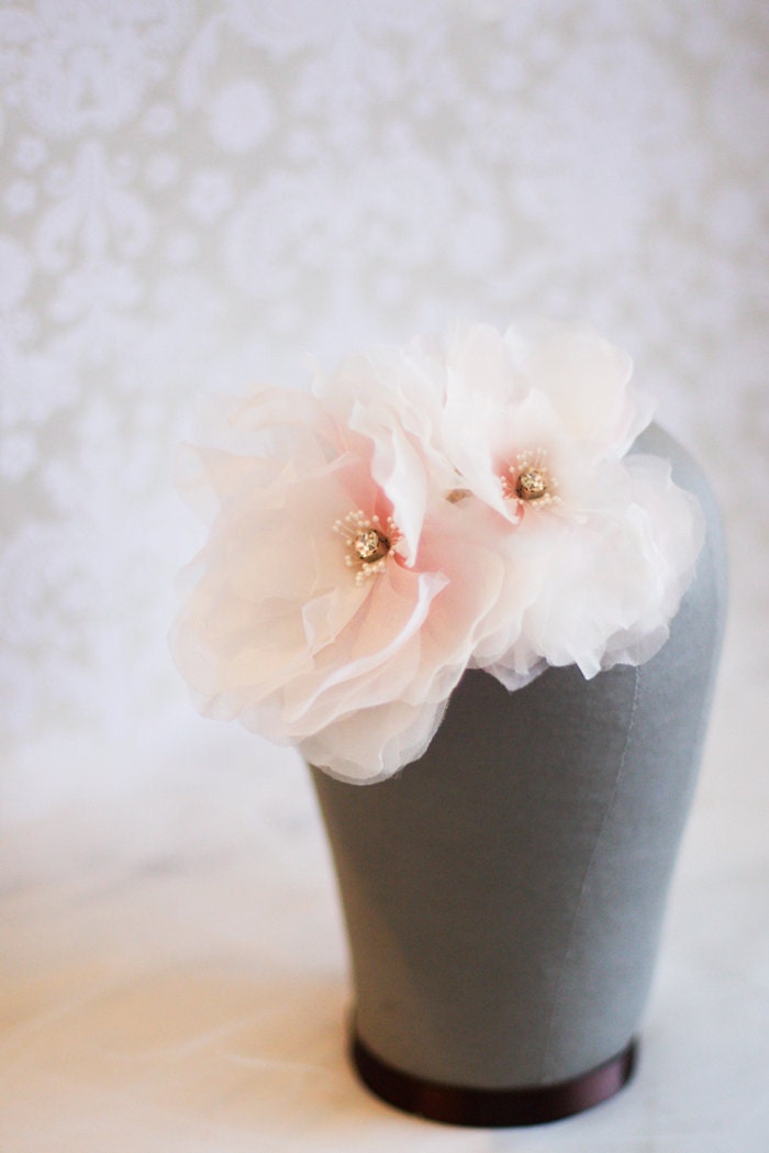 Bridal Silk Flower  with Hand Painted Double Silk Organza Rose with Stunning Rhinestone