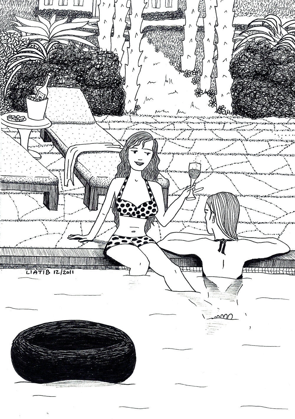hanging at the pool, 8x10 inch balck and white ink illustration print on paper. teenage room wall décor