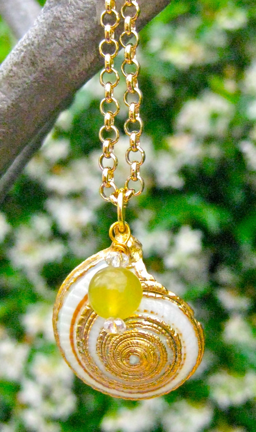 Gold Nautilus Pendant with Jade and Swarovski Drop - Gold