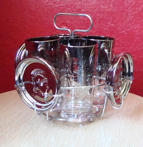 Vintage Silver Rim Barware Set . Guadian Service Glasses and Coasters in Chrome Caddy