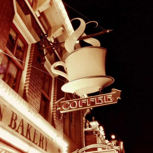 Coffee Sign Photograph, sepia tone, vintage Disney sign, home decor, 8x8 fine art photo print