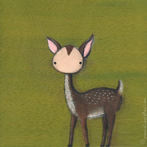 Children Wall Art - Forest Green Fawn giclee print - cute animal art, deer painting, kids wall art