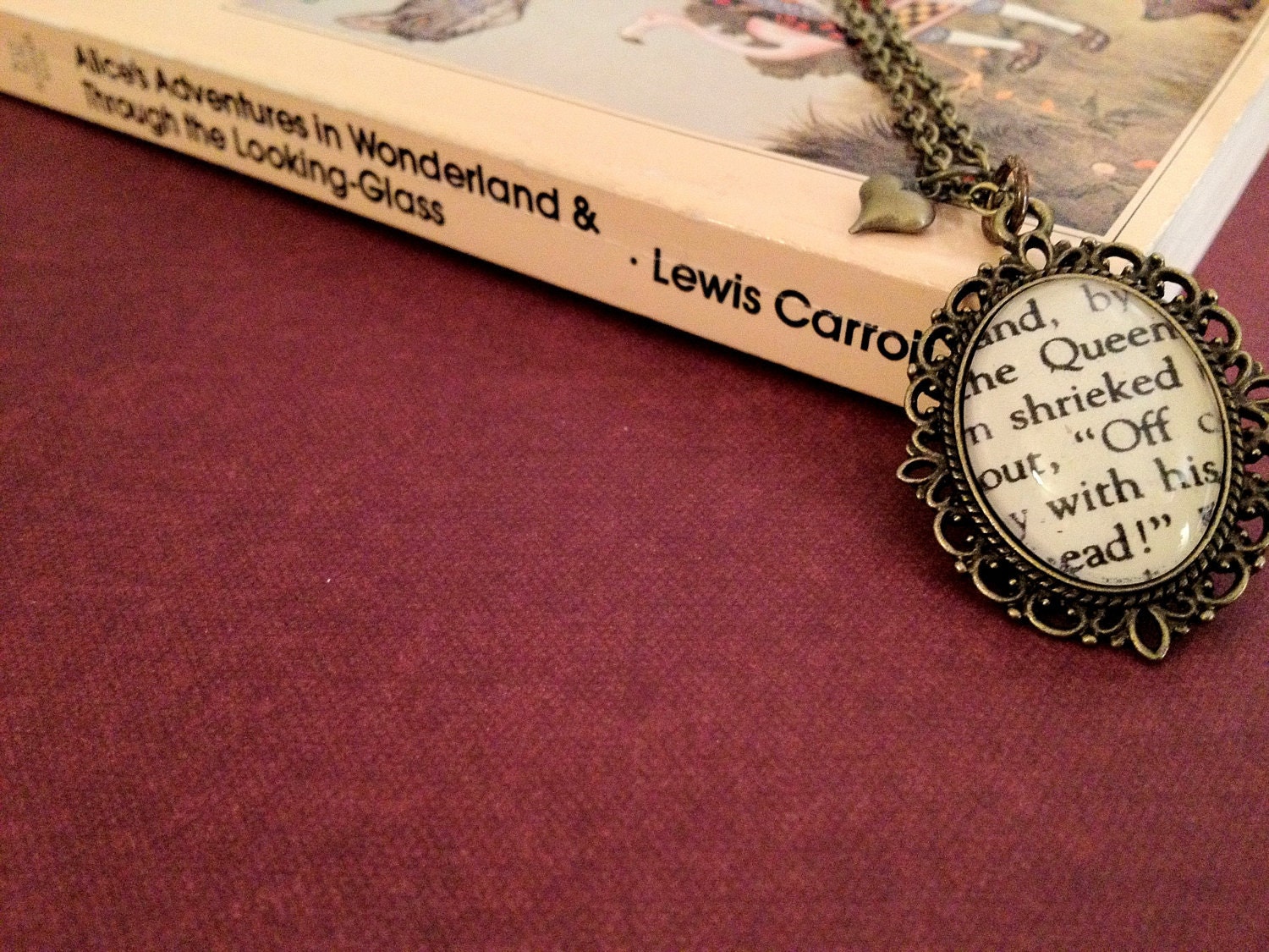 Alice in Wonderland Off with his head Queen of Hearts Lewis Carroll Antiqued Bronze Book Page Literature Necklace