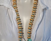 Bone, Wood Beaded Necklace, Handmade Necklace, Long Necklace, Handmade Jewelry, Turquoise, Hand Crafted