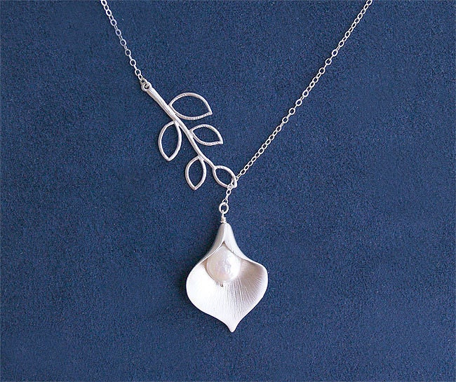Wedding Jewelry - Lily Necklace with Branch and Pearl - Calla Lily - Bride Necklace - Coin Pearl - Sterling Silver Chain - Wedding Jewelry