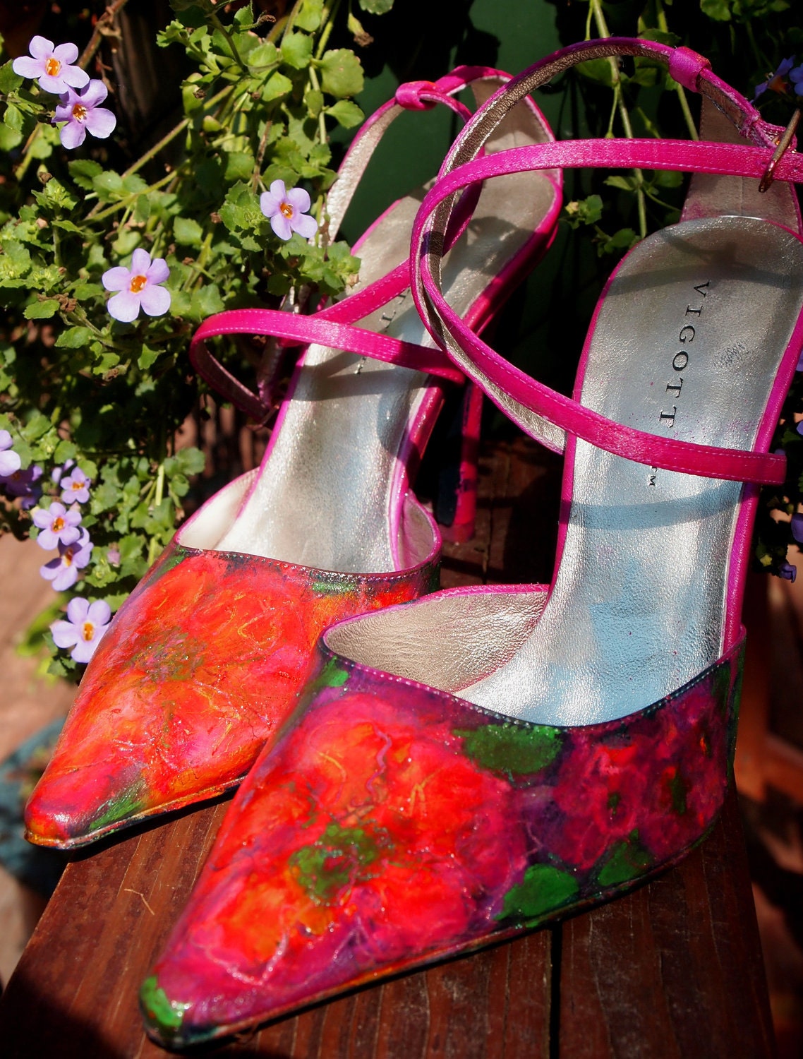 Red Silk Bridal Hand Painted Heels 8M