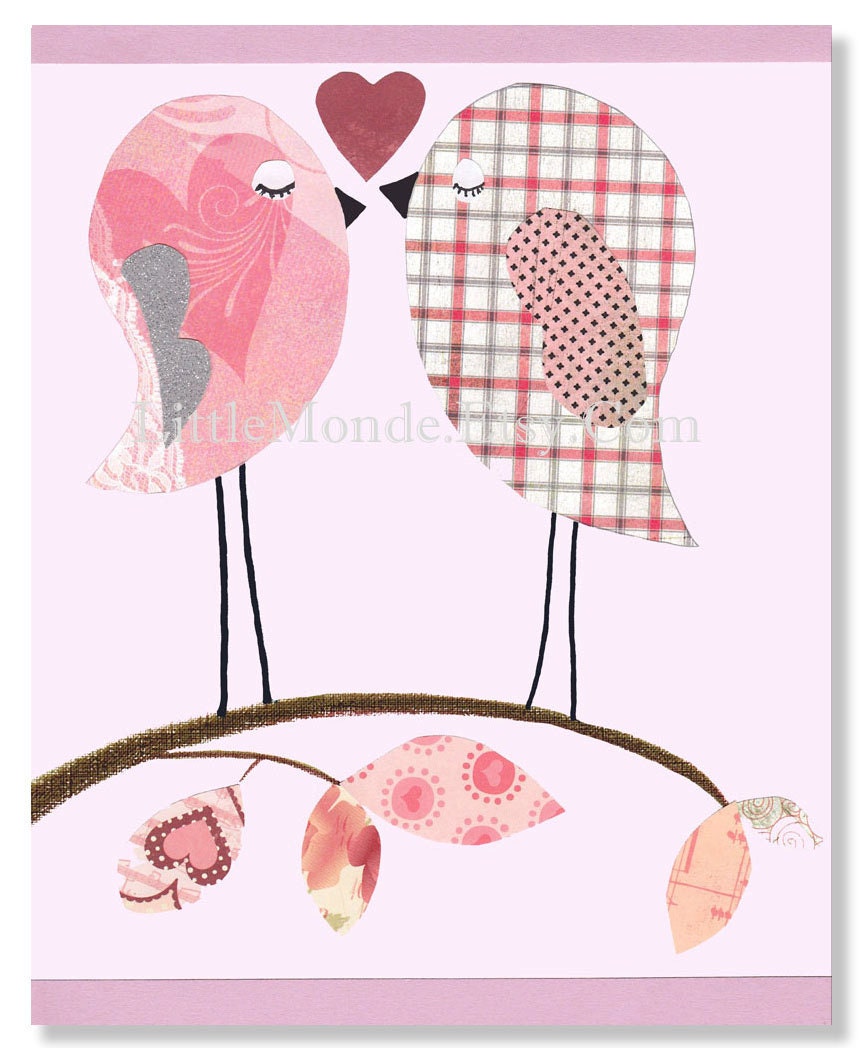The Pink Birds, Personalized, 8x10" Nursery Print, Baby Girl Room Decor, Nursery Art, Animal Art, Lovebirds, Pastel Pink, Rose, Tree