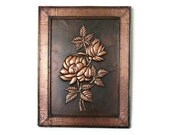 Large 3D vintage copper picture 23x17 inch wooden frame FLORAL REPOUSSE, folk art, embossed flower bouquet relief, wall hanging, home decor