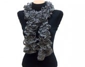 Hand knitted Gray ruffled scarf with colorful sequins