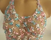 Knitted pink blue transparent low back blouse for spring&summer