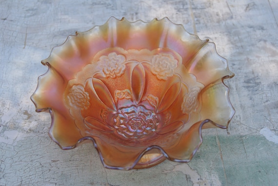 Vintage Carnival Glass Dugan Marigold Double Stem Rose Bowl with Ruffled Edge Console Fruit Bowl Center[iece Fower Display