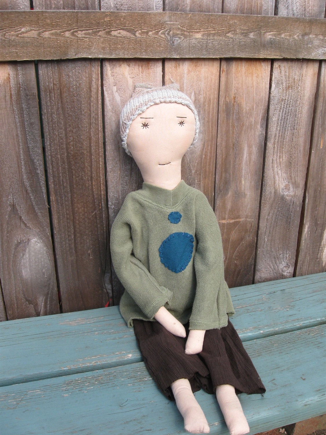 Elliott: Rag Doll Boy Doll - 22 Inches Handmade- Recycled and Vintage Textiles - Sage Green and Brown