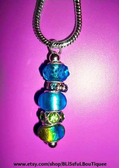 Bright & Shiny Sterling Silver Plated Adjustable Snake Chain Necklace with Gorgeous Glass Blue 'n Green Crystal Diamond Beads