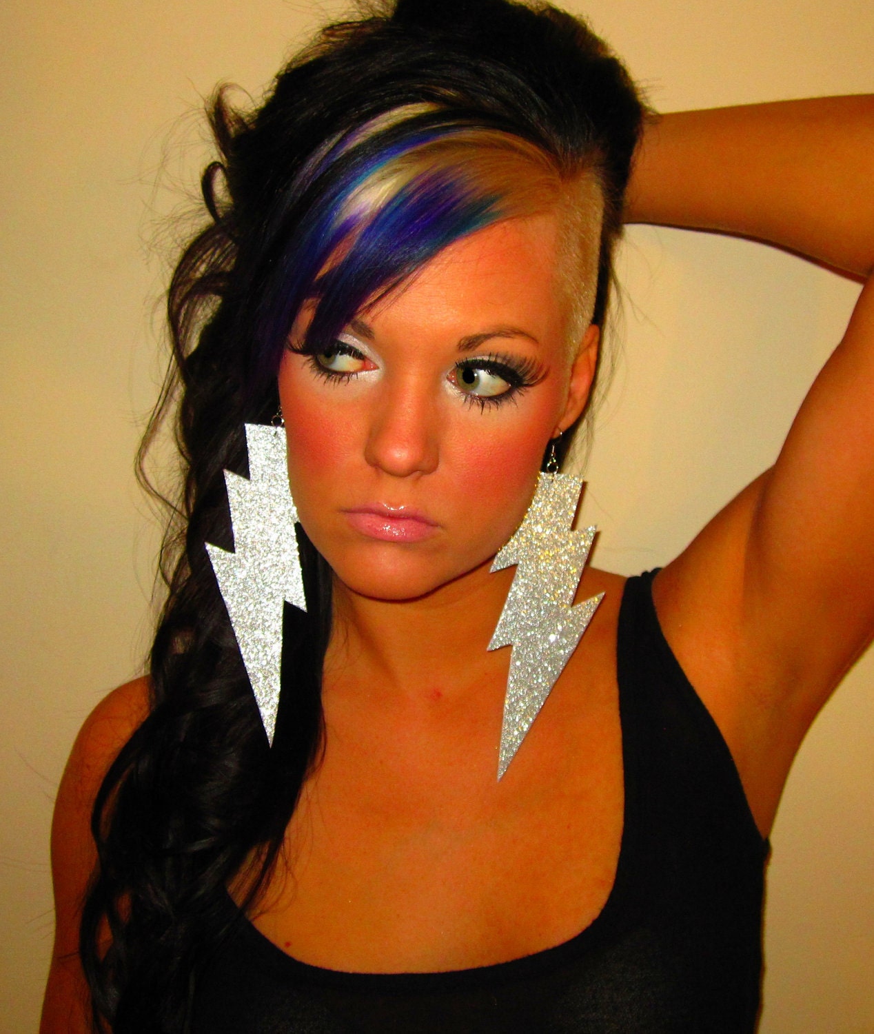 Big Bold Hip Hop Inspired Large Silver Sparkle LIGHTNING BOLT Earrings Long Diva Edgy Glam Fashion Statement Style