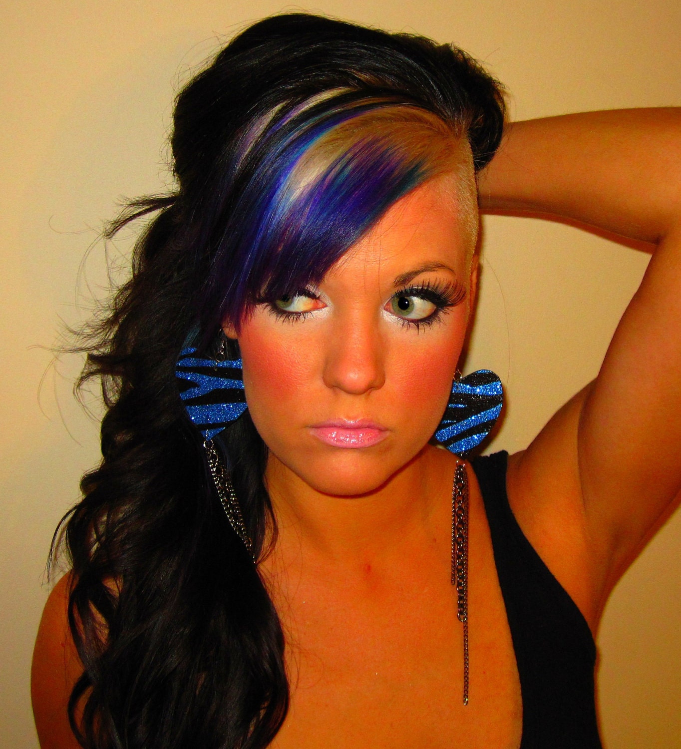 Big Long Bold Diva Style Blue and Black Sparkle Zebra Hearts with Long Chains and Black Sparkle Backs Girly Glam Fashion Statement