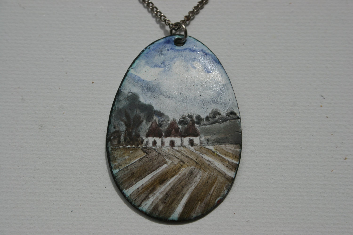 Hand painted French Vintage Countryside Ceramic Pendant on a silver tone chain