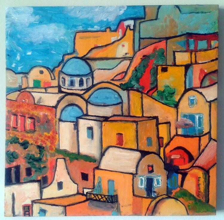 View of Oia, Santorini, Greece - 12x12 - Landscape Oil on Canvas - Mela