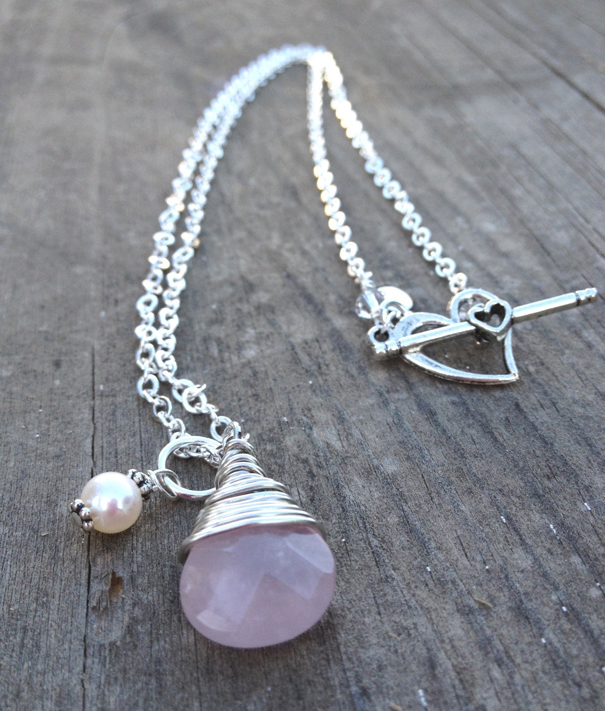 Silver Pink Rose Quartz wire wrapped pendant pearl charm necklace jewelry handmade Bridal Wedding Bridesmaid