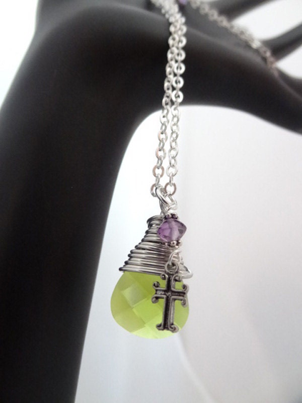 Peridot Green Crystal Wire Wrapped Pendant Silver Necklace with Amethyst Gemstone Bead Cross Charm Christian