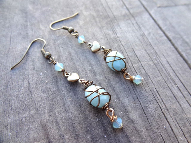 Bronze Blue Amazonite Crystal Dangle Heart Love Bead Earrings Handmade Wire Wrap Brass Jewelry