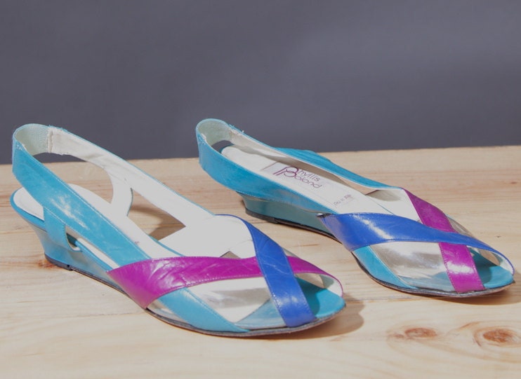 Beautiful turquoise, pink and blue leather wedge heel sling back sandals. Made in Italy. Size 8.5