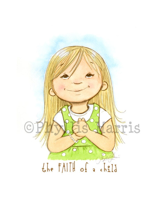 Children's Wall Art Print  - The Faith of a Child Illustration - Girl's room decor, green