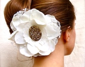 Ivory Hair Flower, Bridal Fascinator, Wedding Hair Accessories, Vintage Gold, Magnolia Lace Pearl Wedding Clip - "The Very Thought of You"