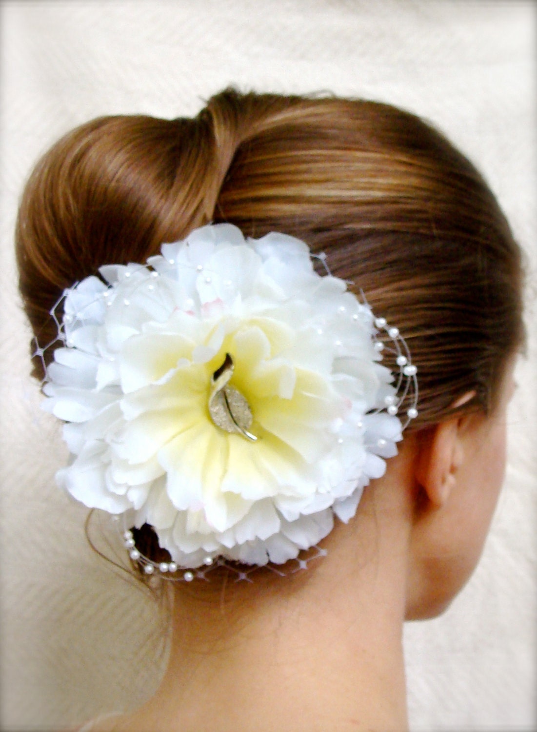 Diamond White Bridal Hair Flower, Wedding Fascinator Peony, Bridal Hair Accessory, Pearls & Birdcage, Vintage Silver Leaf - "Unforgettable"