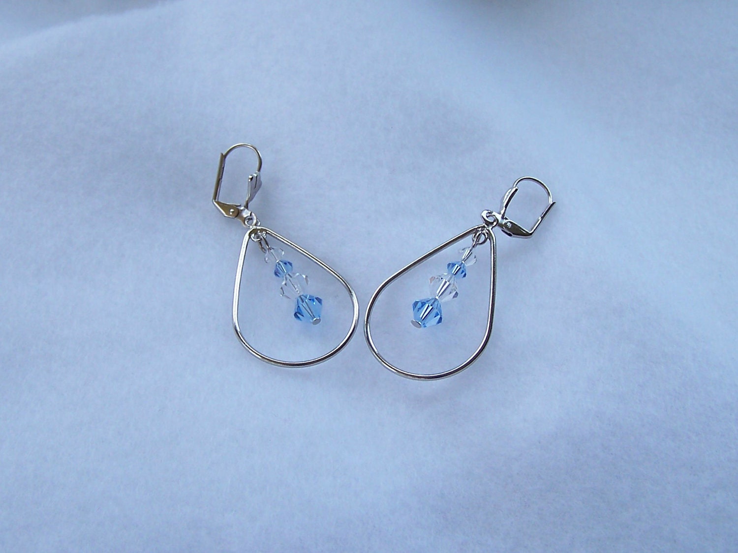 Blue and Clear Swarovski Dangling Teardrop Leverback Earrings - Handmade Jewelry - Long Earrings - Ready to Ship