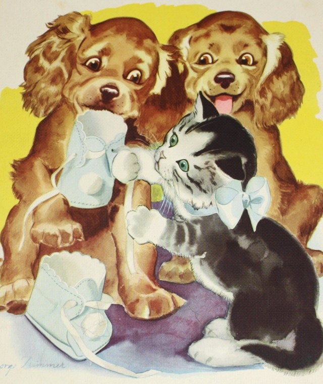 Vintage Illustration Children's Art / Kitten and Puppies / Nursery Art / Children's Decor / Book Art Print / Cats and Dogs
