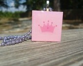 Pretty Pink Princess Crown, Wood Tile Pendant Necklace
