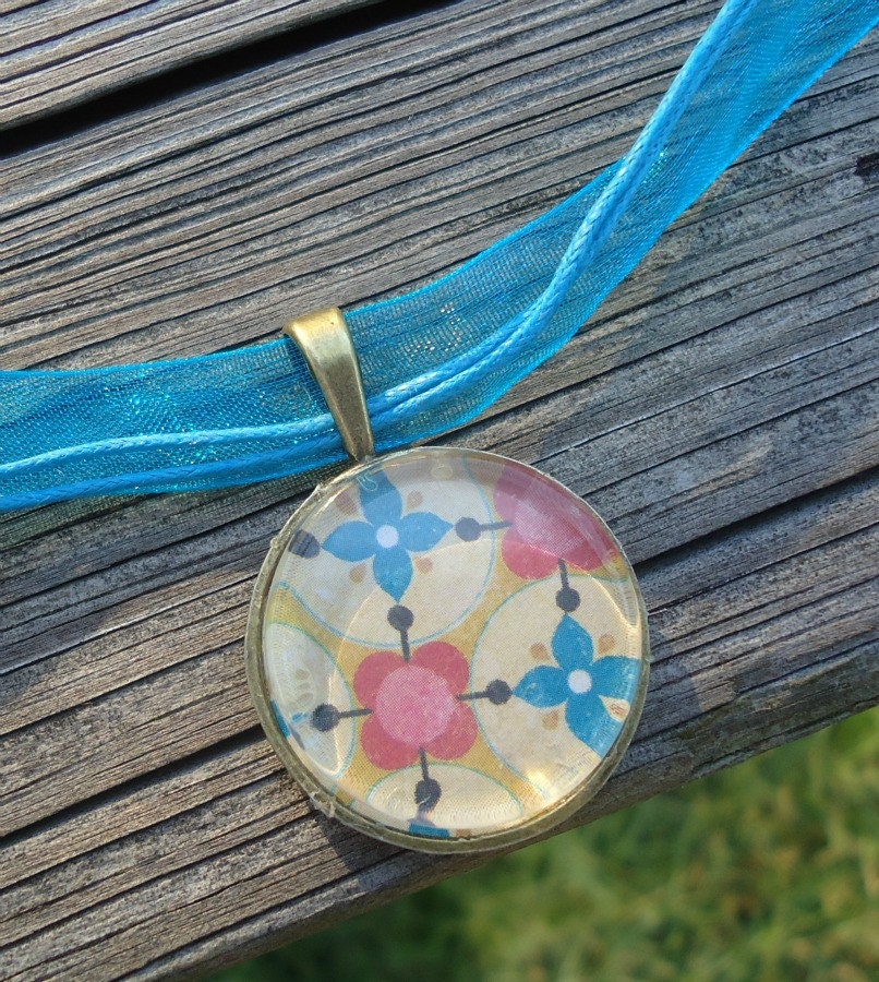 Bright Pink, Yellow and Blue Flowers Glass Tile Pendant