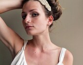 White and Blue, Pearl Encrusted Headband - Hand Embroidered/French Knots-  Priscilla