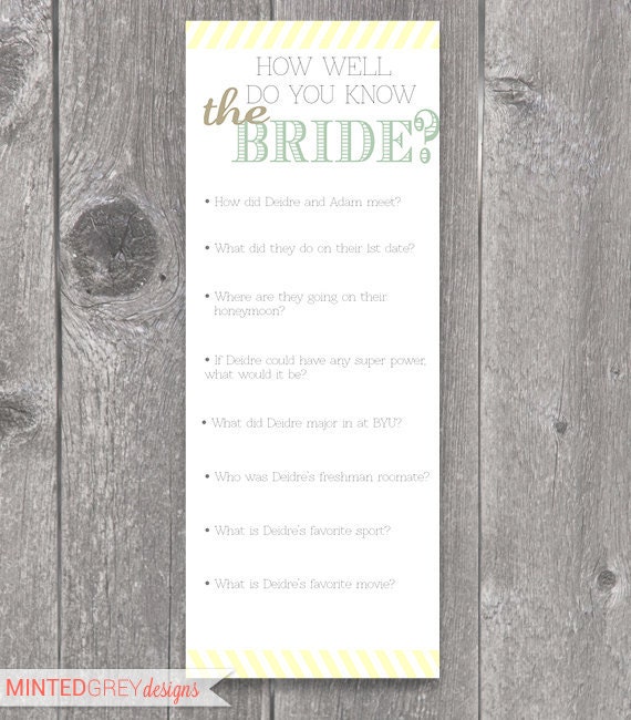 Printable Mint Green, Gold & Yellow Bridal Shower Game