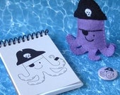 Purple Pirate Octopus Finger Puppet Pinback Button and Notebook Set