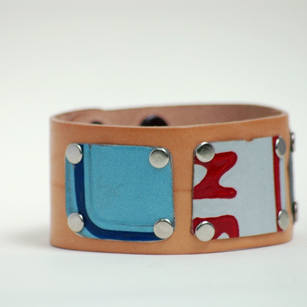 License Plate Cuff Leather Bracelet Vintage Metal