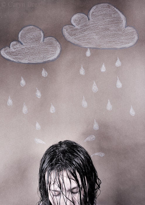 Raindrops Keep Falling On My Head - FREE SHIPPING - Print Drawing Rain Clouds Surreal Craft Paper Girl Wet Water Purple Brown White Gray