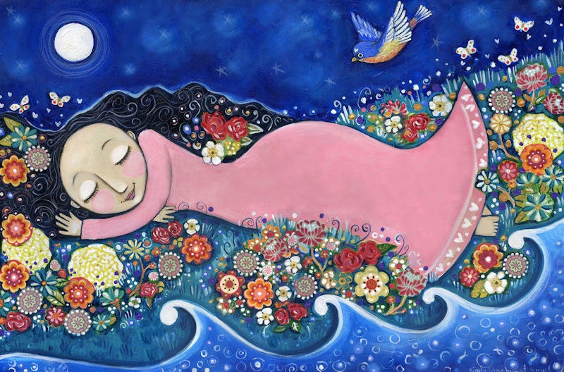 Art print for girls room peaceful art print bluebird garden flowers sweet cute baby nursery wall decor whimsical folk art - "Flower Child"