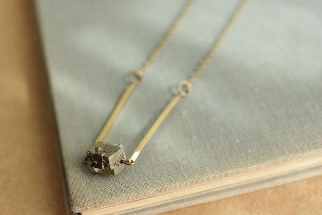 pyrite necklace with brass bars on long chain