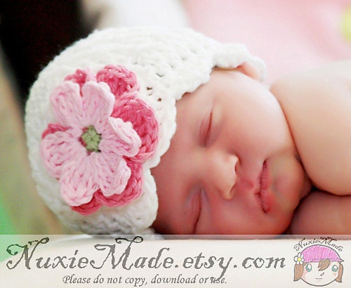 Baby Hat, Girls Hat, Crochet Hat, 3-6 months Shell Beanie with Flowers, eggshell, rose, pink, leaf, Free US Shipping