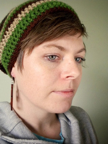 Crochet Hat - Earthy Slouchy Beanie in Oatmeal, Cocoa Brown, and Grass Green Stripes for Adults - Urban Hipster Hippie Crochet Beret