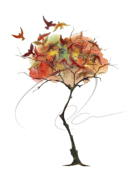Rising Fall - Art Print watercolor autumn tree falling colorful leaves flying birds home decor housewarming gift Oladesign 11x14