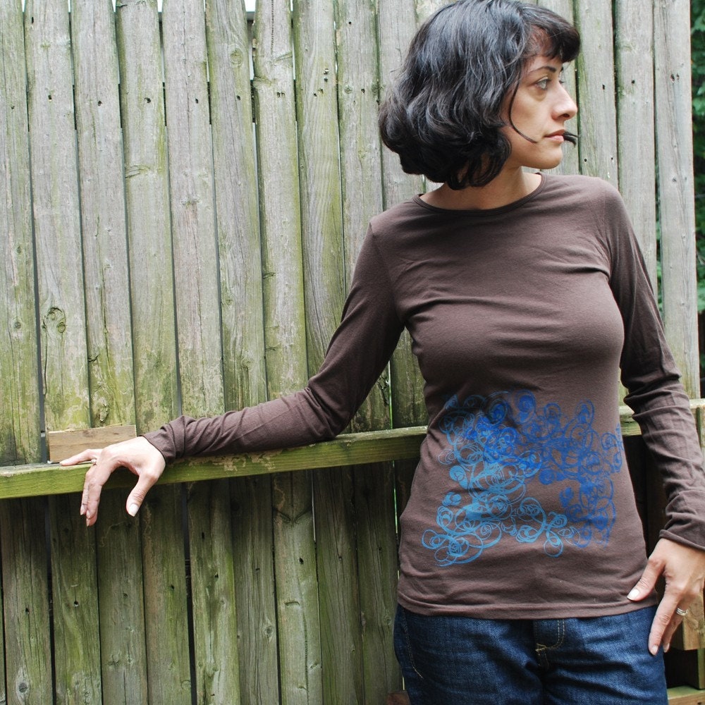 Silkscreen womens tshirt, brown 3/4 sleeve, double deco design, S-XL, womans top